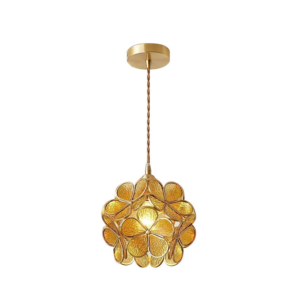 Lampadario vintage in ottone con globo in vetro floreale a 1 luce