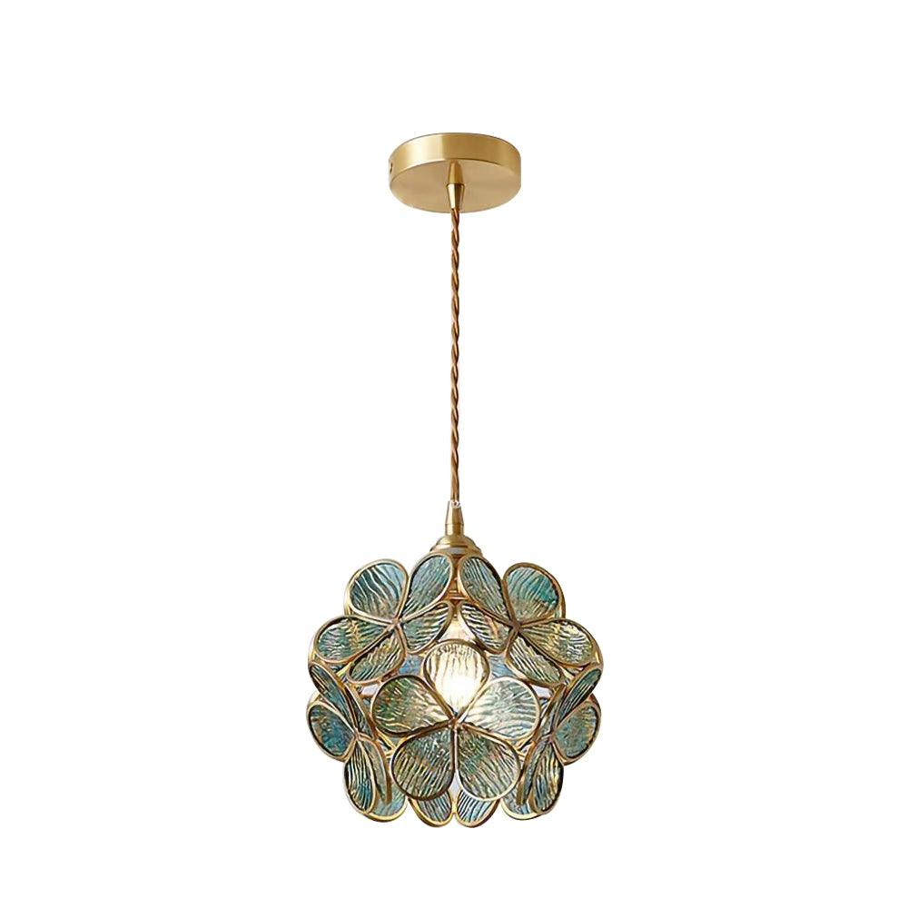 Lampadario vintage in ottone con globo in vetro floreale a 1 luce
