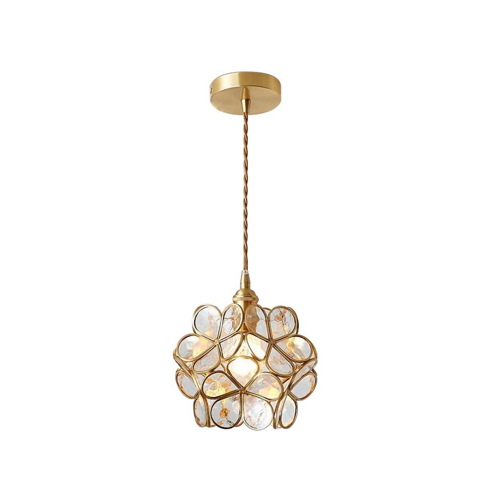 Lampadario vintage in ottone con globo in vetro floreale a 1 luce