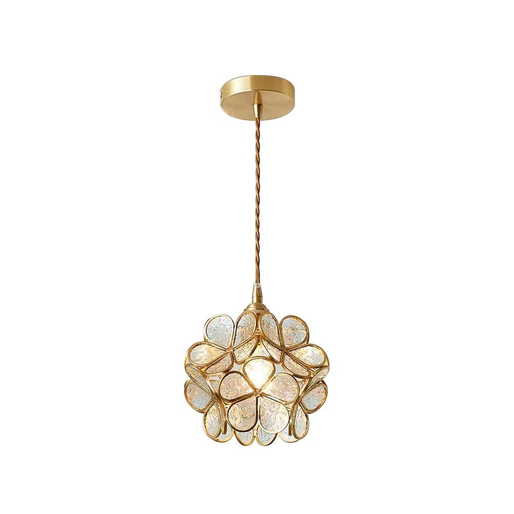Lampadario vintage in ottone con globo in vetro floreale a 1 luce
