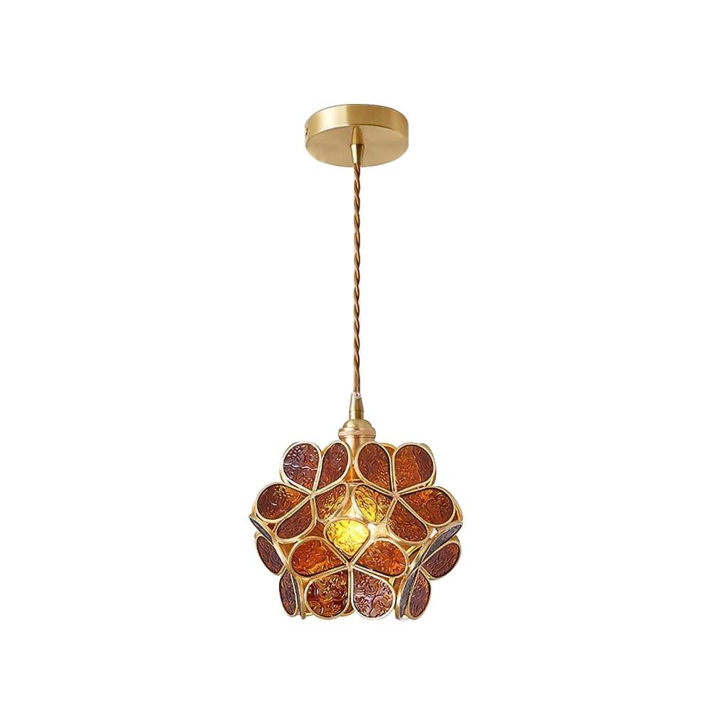 Lampadario vintage in ottone con globo in vetro floreale a 1 luce