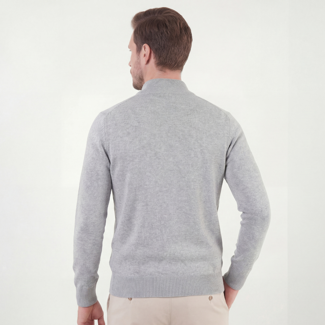 Grau melierter Pullover mit halbem Reißverschluss