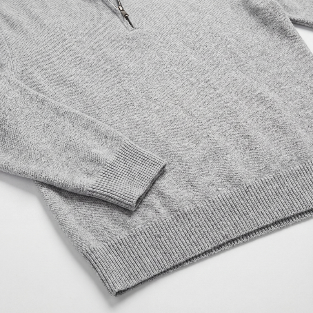 Grau melierter Pullover mit halbem Reißverschluss