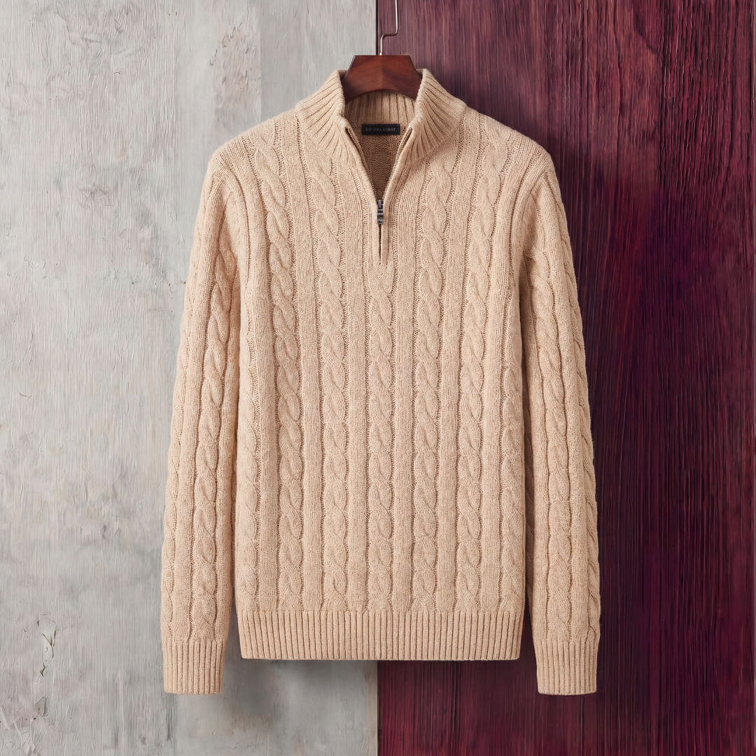 Herren Zopfmuster Pullover mit Viertel-Reißverschluss
