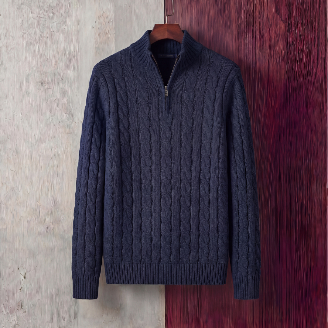 Herren Zopfmuster Pullover mit Viertel-Reißverschluss