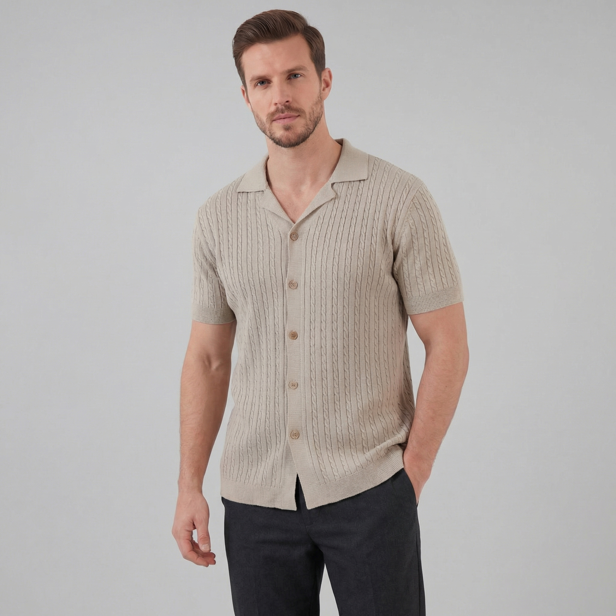 Camisa de Manga Corta de Punto Trenzado para Hombre