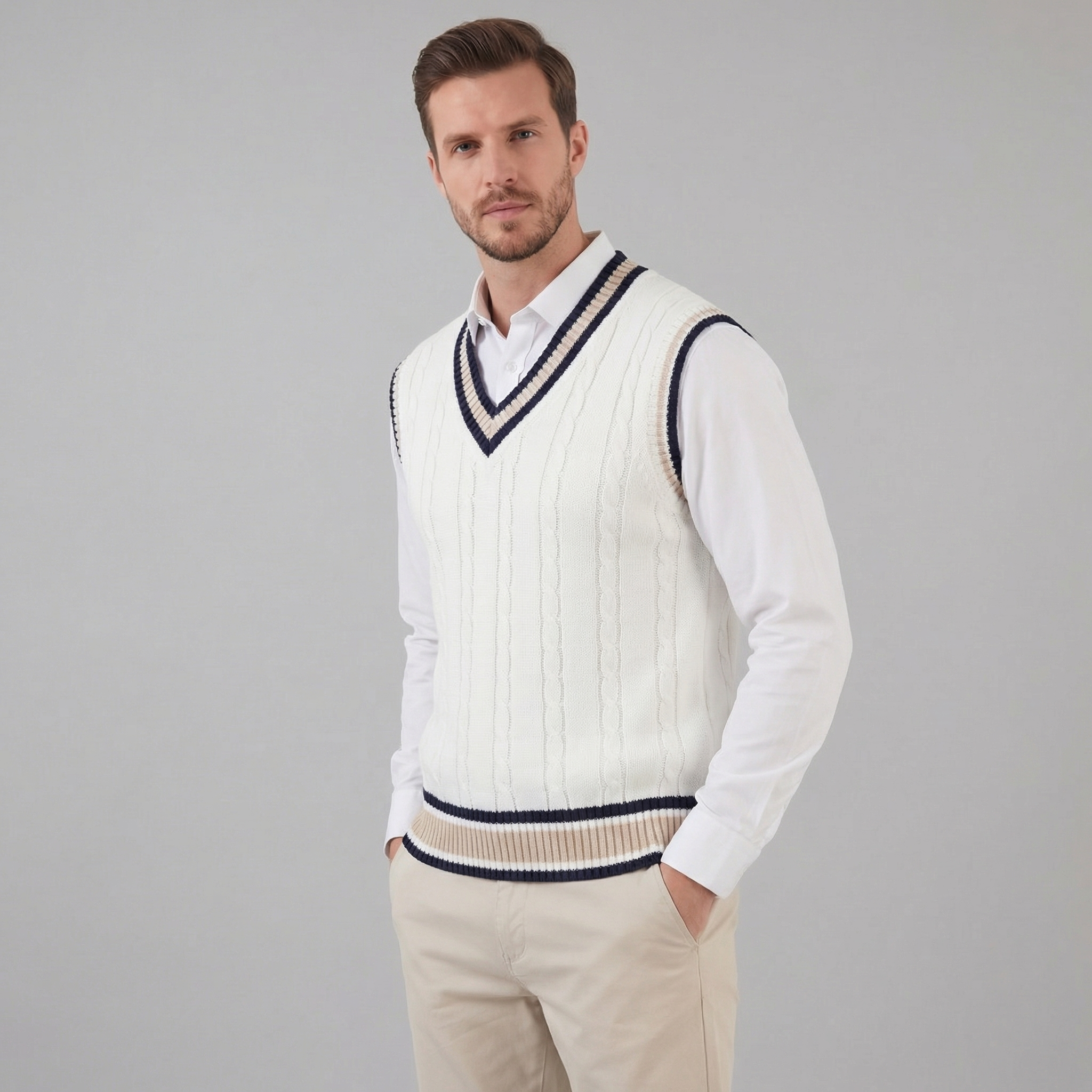 Chaleco de Punto Trenzado con Cuello en V para Hombre