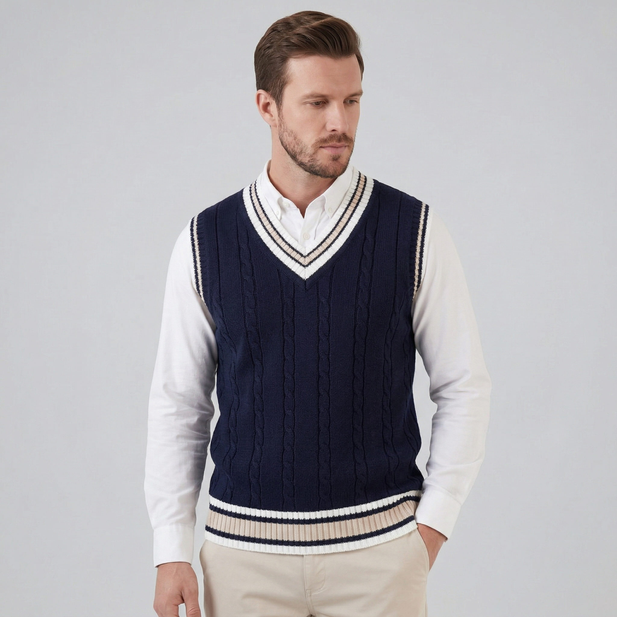 Chaleco de Punto Trenzado con Cuello en V para Hombre