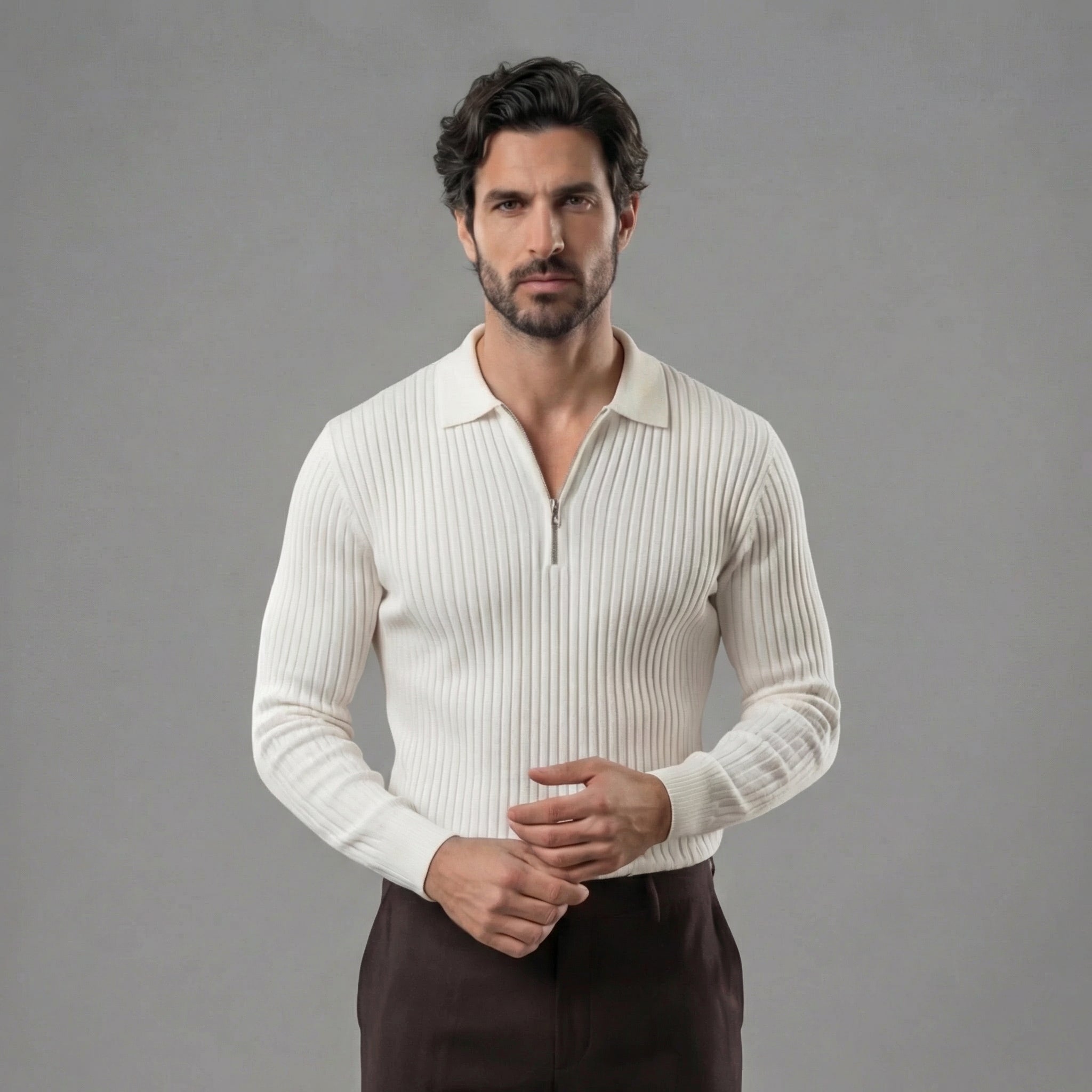 Suéter polo con cremallera y manga larga para hombre