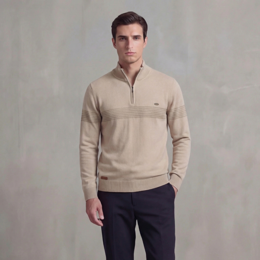 Suéter con cremallera hasta el cuello y detalle de rayas para hombre