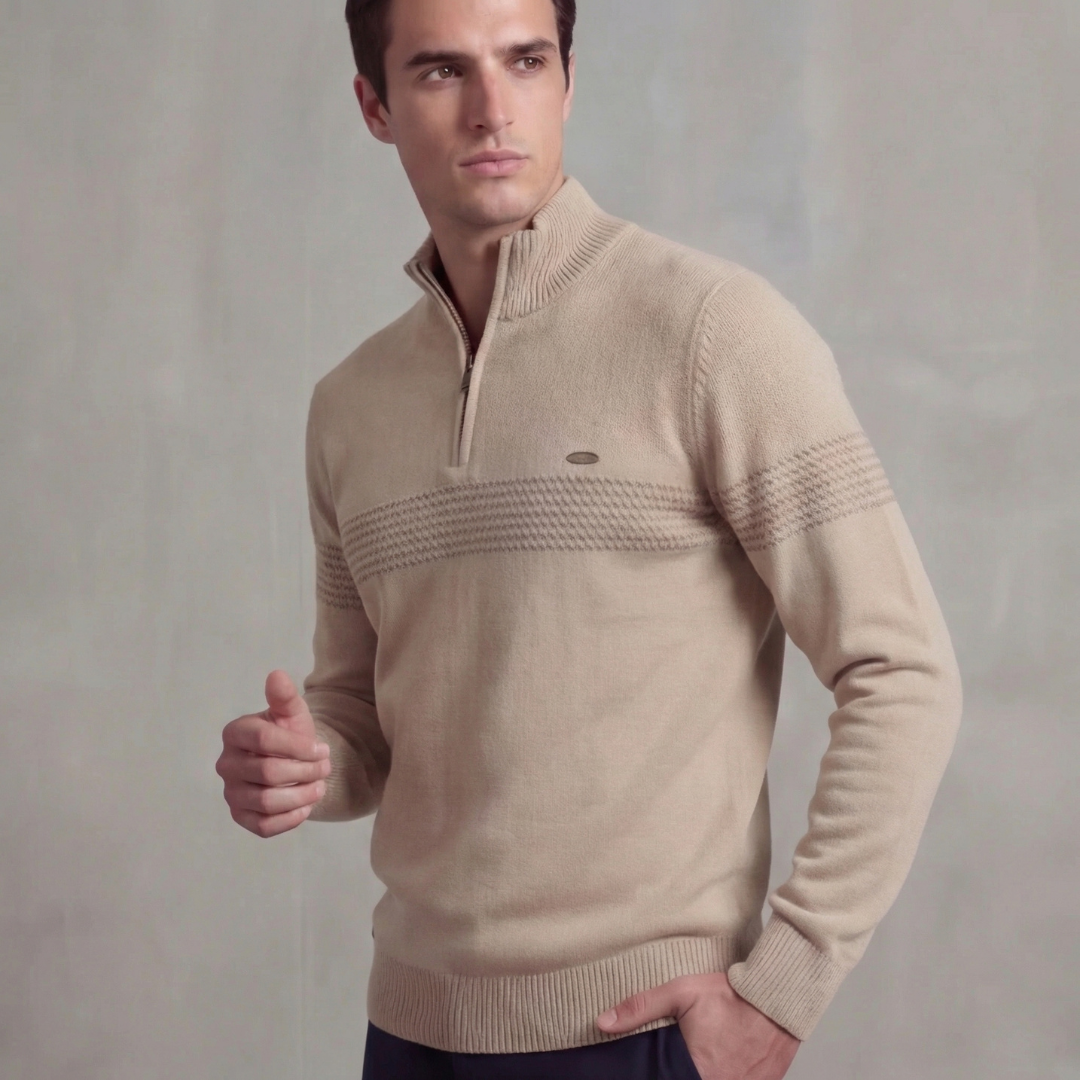 Suéter con cremallera hasta el cuello y detalle de rayas para hombre