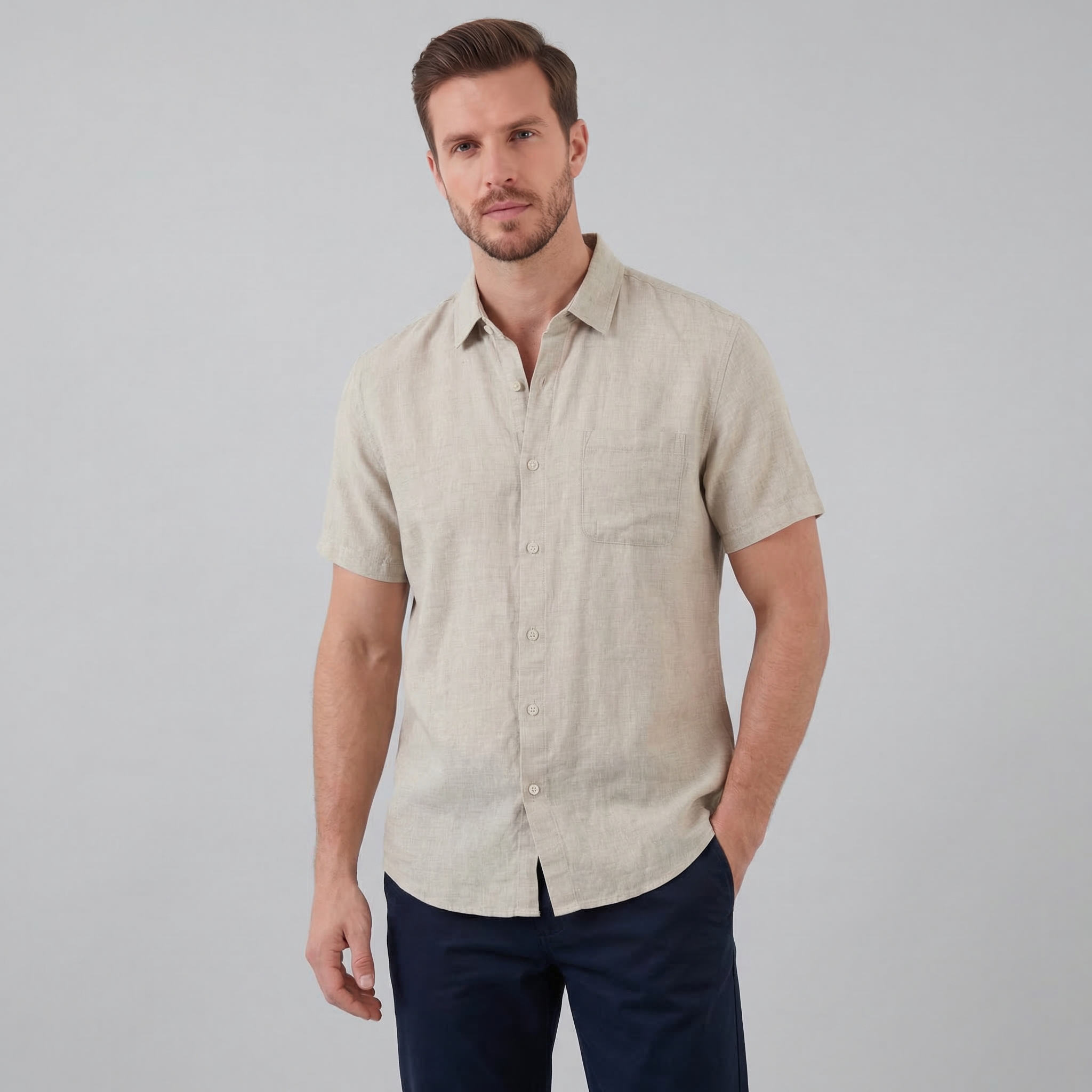 Camisa de lino de manga corta para hombre