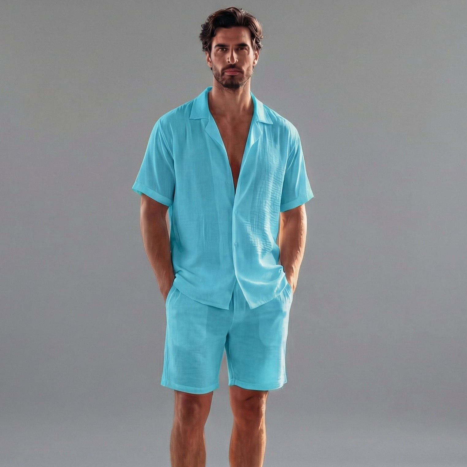 Conjunto de verano de lino de manga corta para hombre