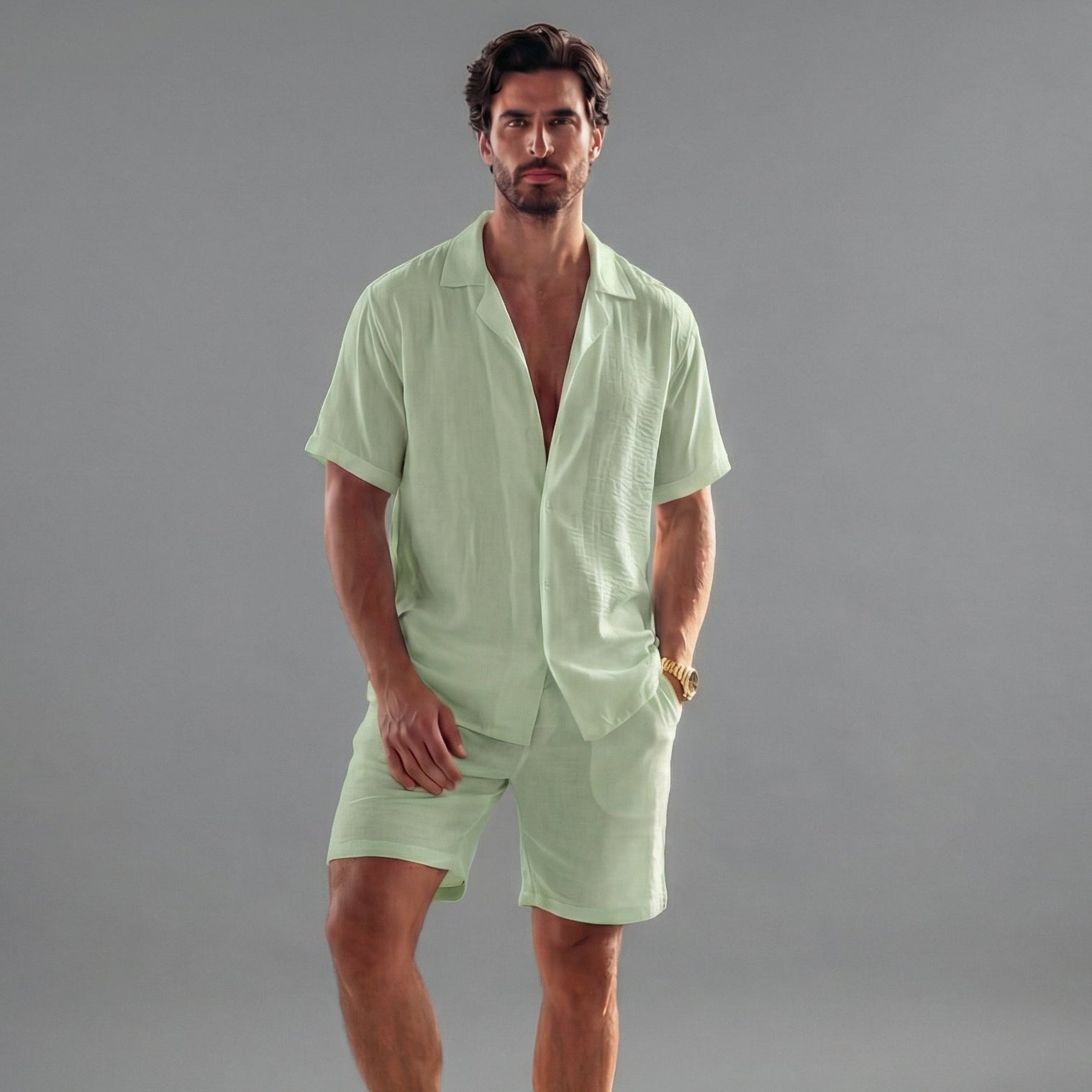 Conjunto de verano de lino de manga corta para hombre