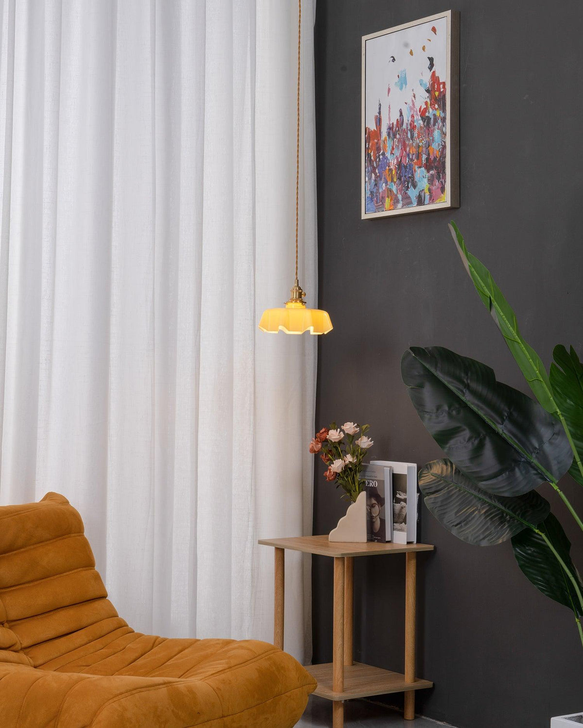 French Ruffled Glass Brass Pendant Light 1-Light