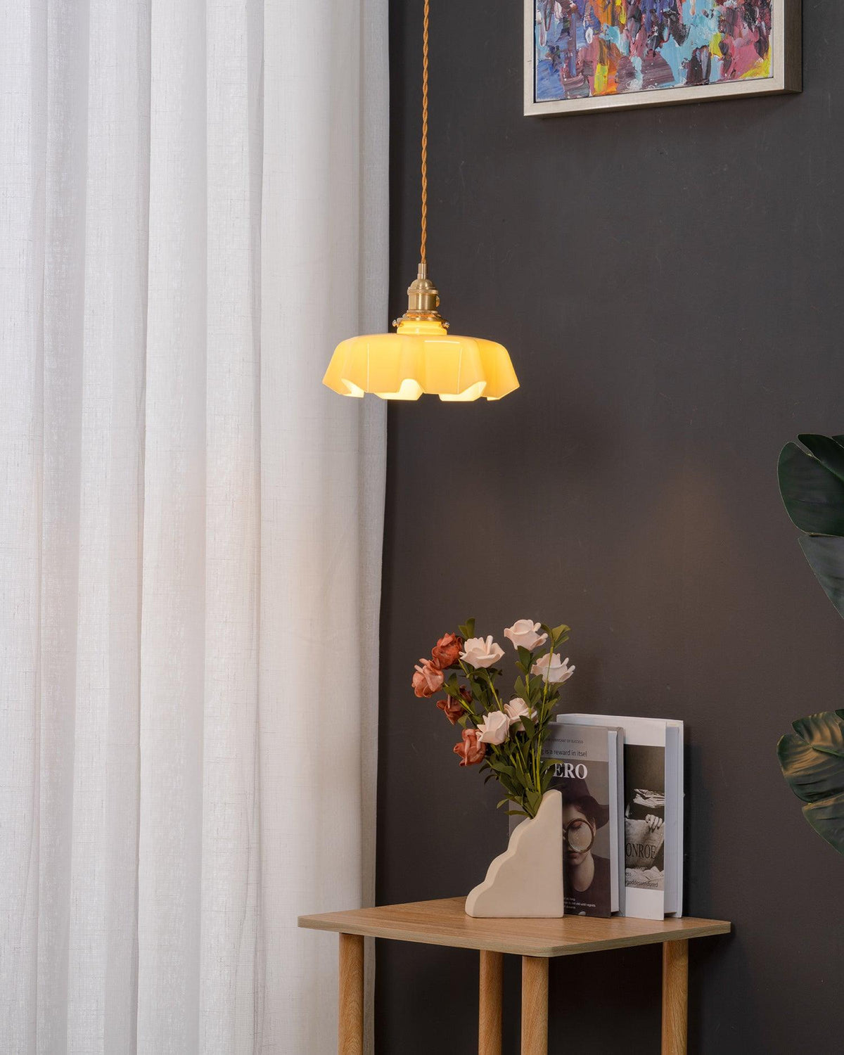 French Ruffled Glass Brass Pendant Light 1-Light