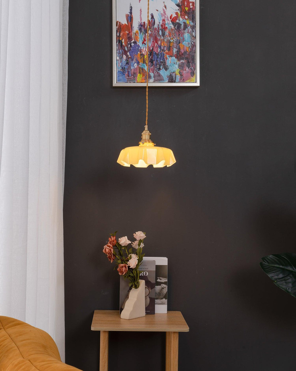 French Ruffled Glass Brass Pendant Light 1-Light