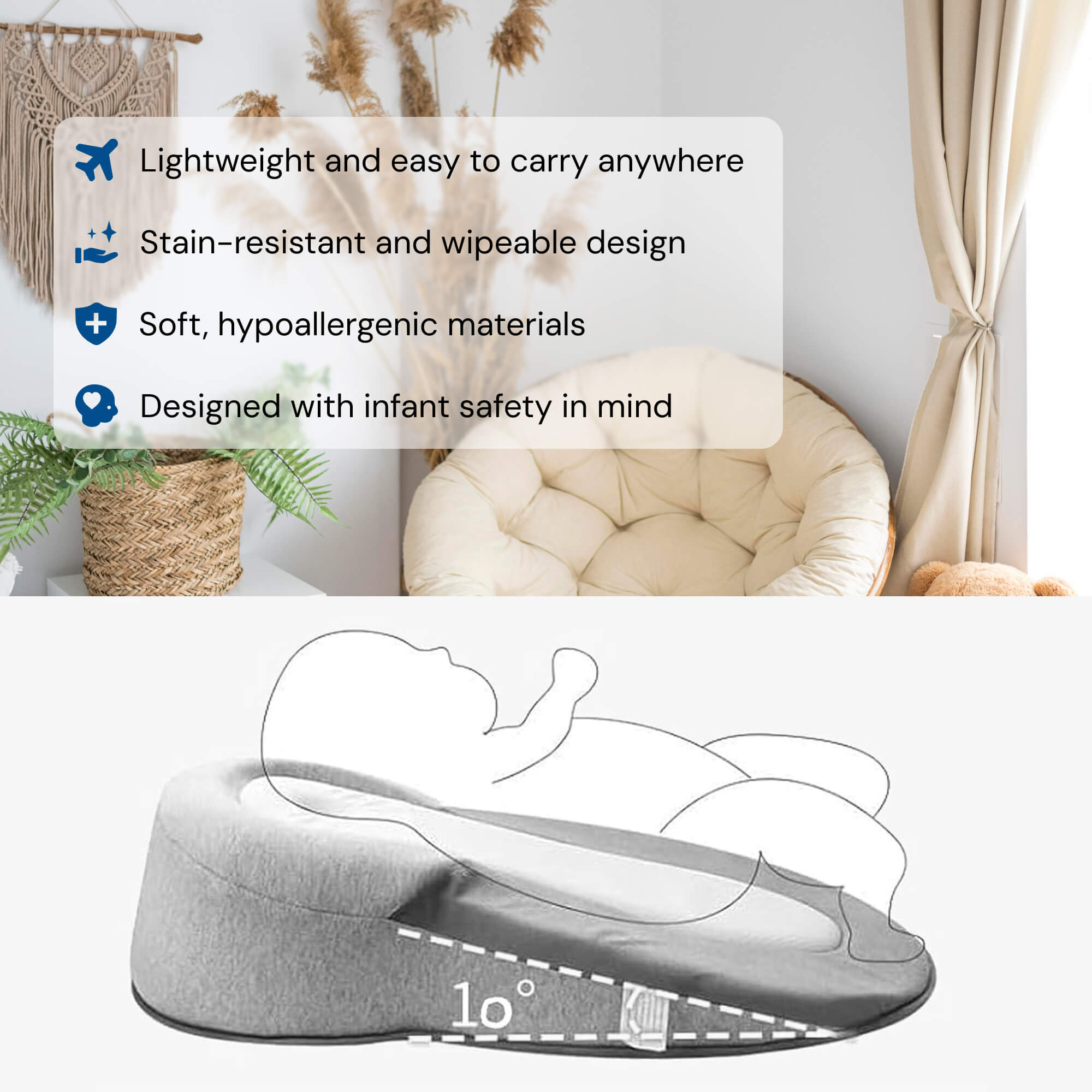 Neugeborenen-Refluxkissenbett – Schlafnest mit 15° Keil | Tragbares Anti-Reflux-Kissen & Baby-Schlafnest zur Kolik-Linderung
