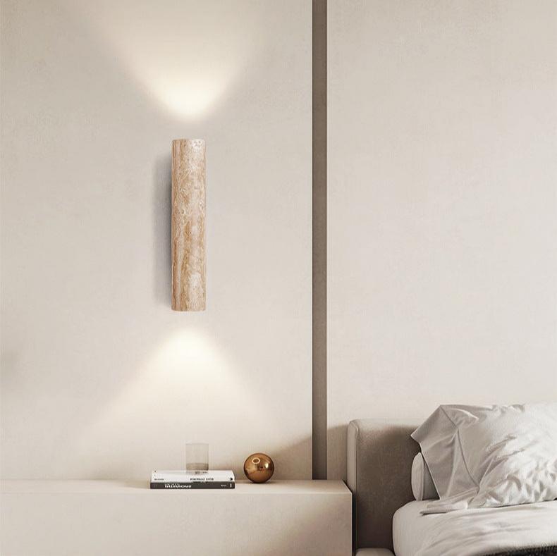 Japandi Travertin-Holz Zylinder LED-Wandleuchte 1-flammig