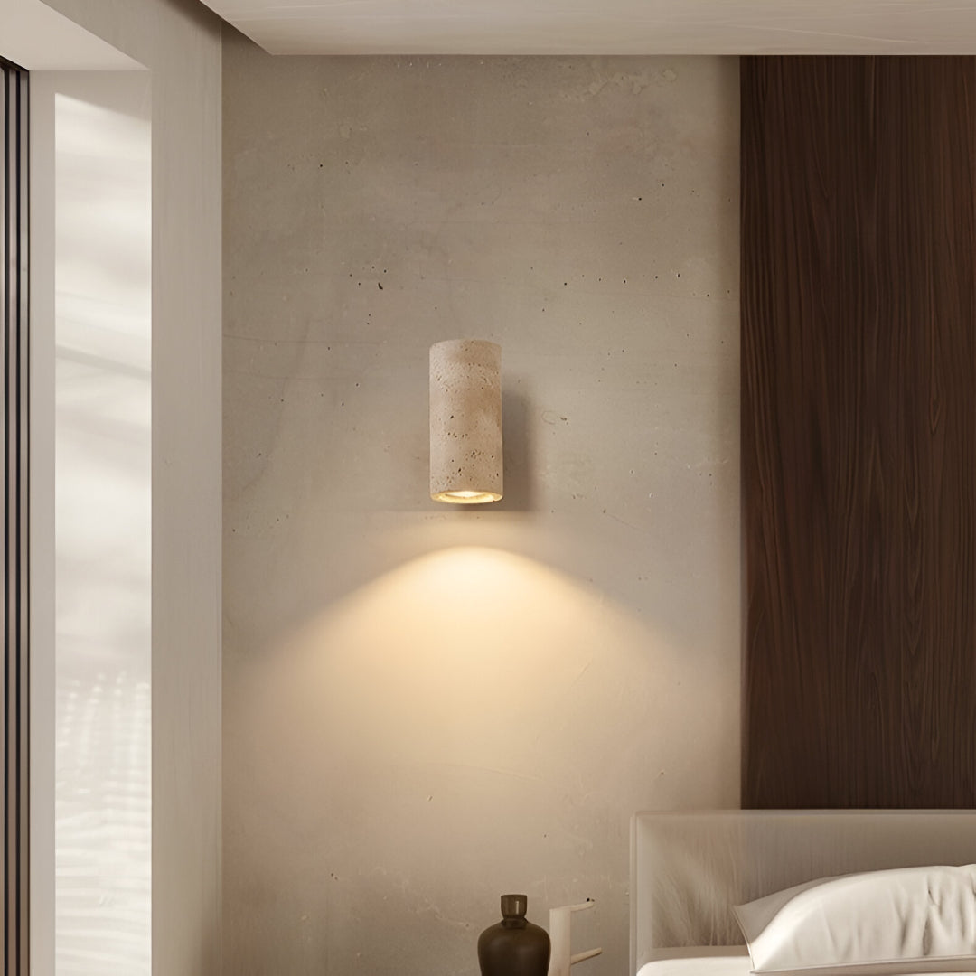 Japandi Travertin-Holz Zylinder LED-Wandleuchte 1-flammig
