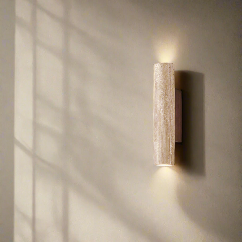 Japandi Travertin-Holz Zylinder LED-Wandleuchte 1-flammig