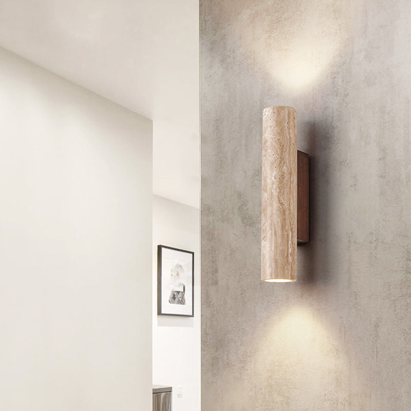 Japandi Travertin-Holz Zylinder LED-Wandleuchte 1-flammig