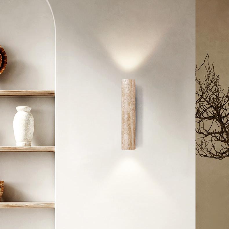 Japandi Travertin-Holz Zylinder LED-Wandleuchte 1-flammig