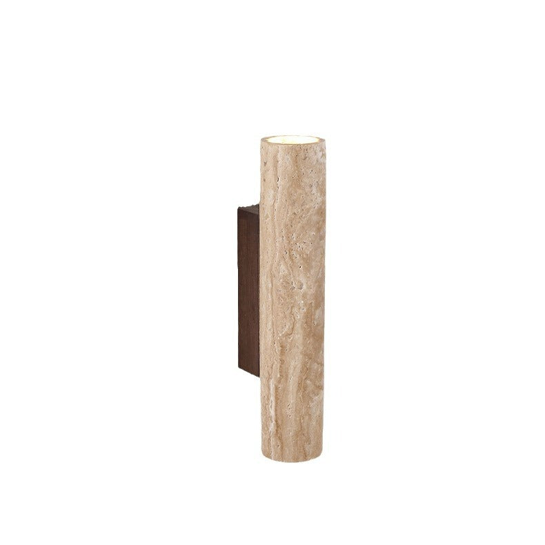 Aplique de pared LED cilíndrico de madera y travertino Japandi de 1 luz