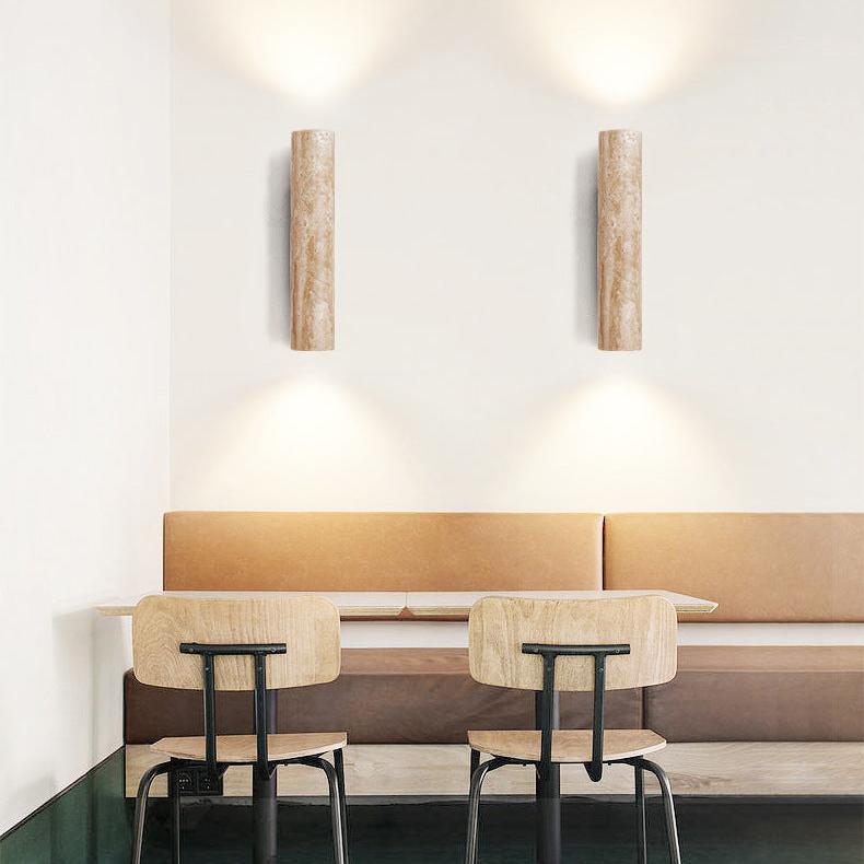 Japandi Travertin-Holz Zylinder LED-Wandleuchte 1-flammig