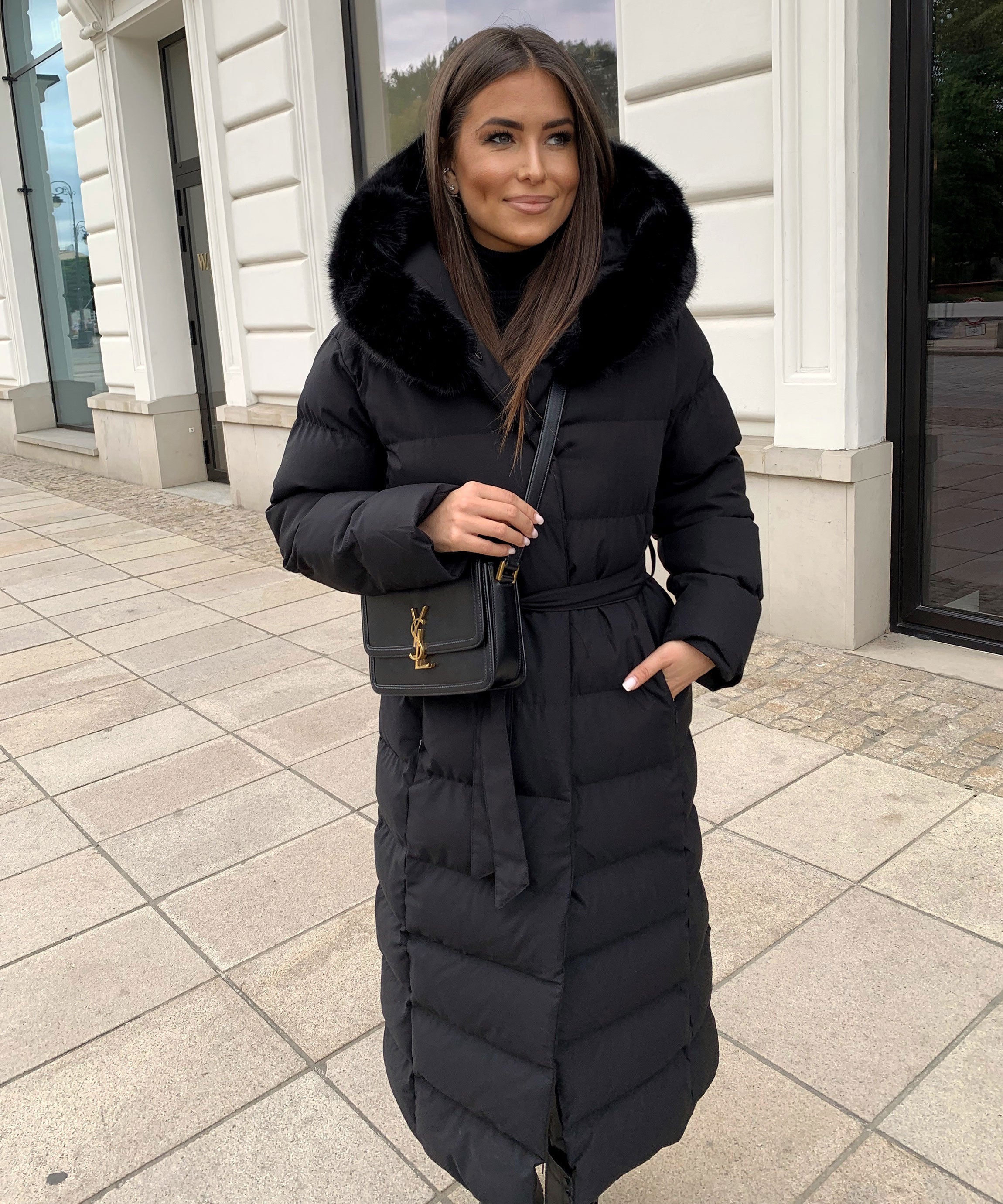 STEPPMANTEL | LANGER MAXI WINTERMANTEL MIT PELZKAPUZE