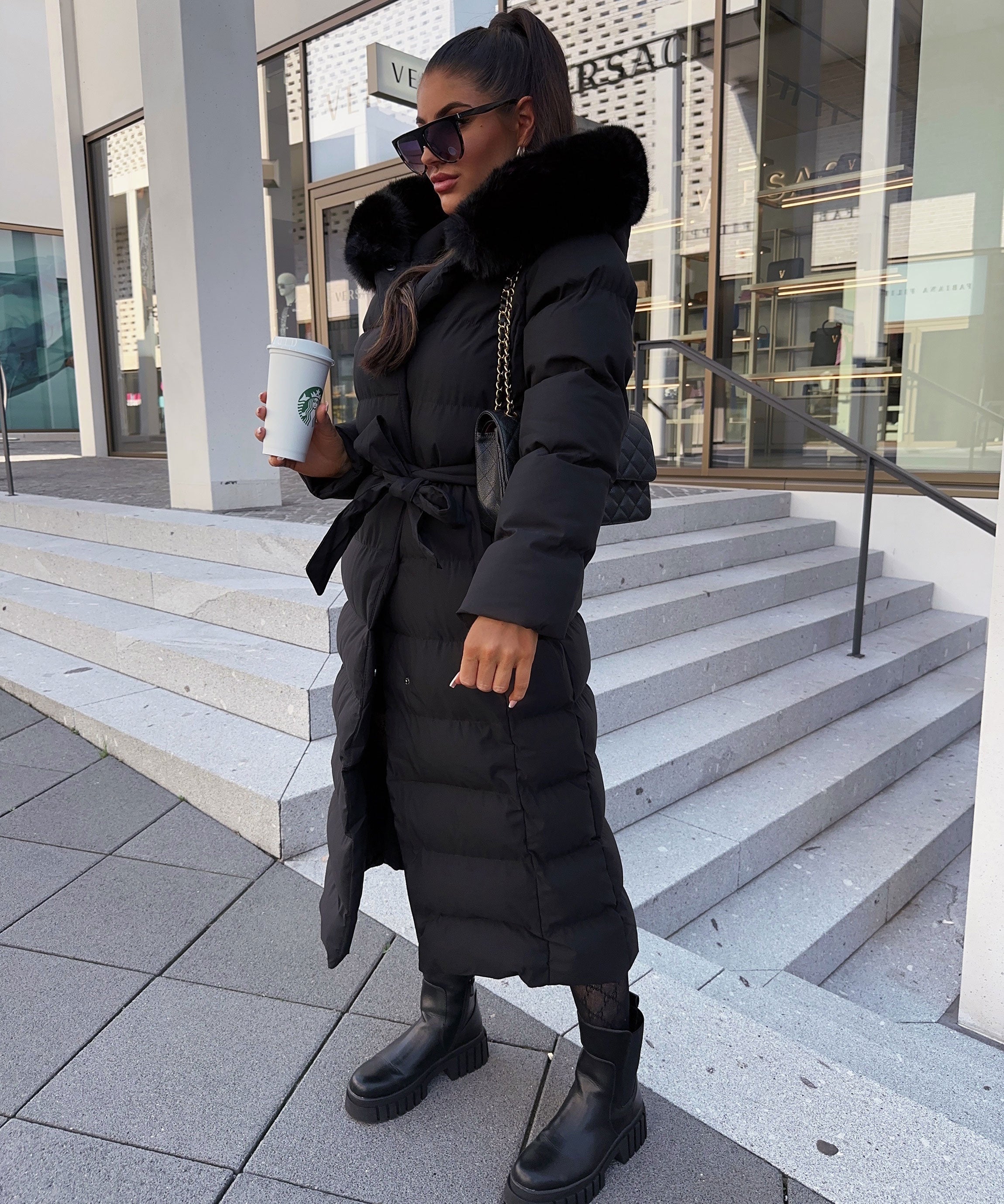 STEPPMANTEL | LANGER MAXI WINTERMANTEL MIT PELZKAPUZE