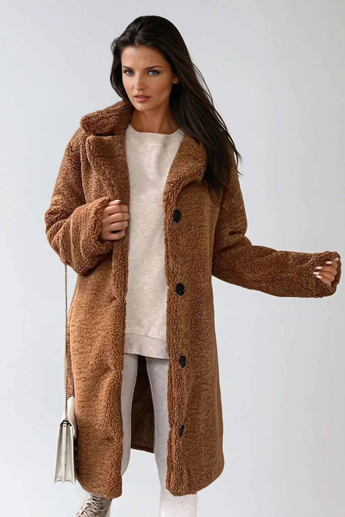 Teddy-Mantel | Lange Jacke aus Kunstfell mit Knöpfen