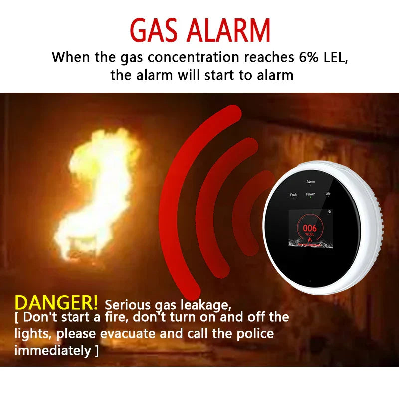 Tuya WiFi Gasdetektor Smart Home Naturgasalarm LCD-Display Brandfarlig Sensor