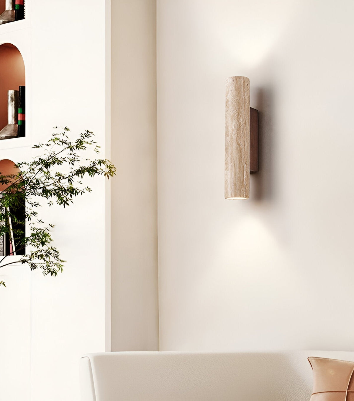 Japandi Travertin-Holz Zylinder LED-Wandleuchte 1-flammig
