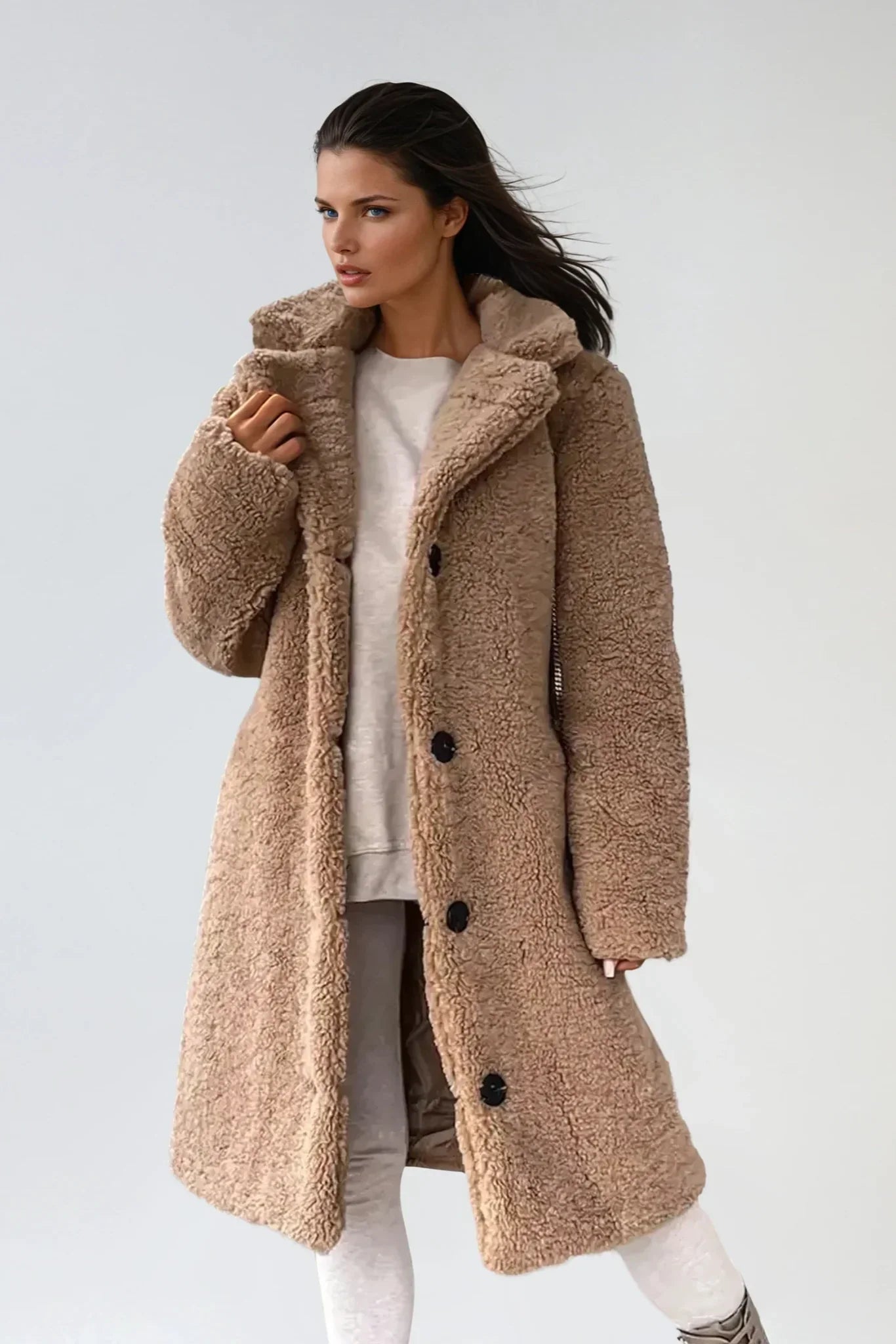 Teddy-Mantel | Lange Jacke aus Kunstfell mit Knöpfen