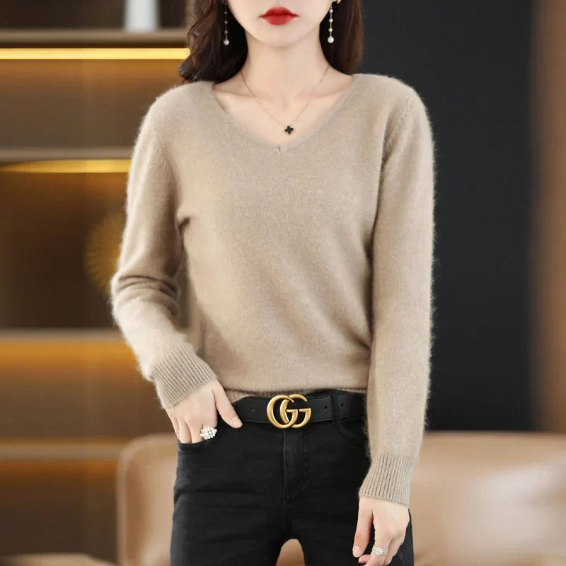 LunaWeave 100% Kasjmier V-hals Trui Voor Vrouwen Slim Fit