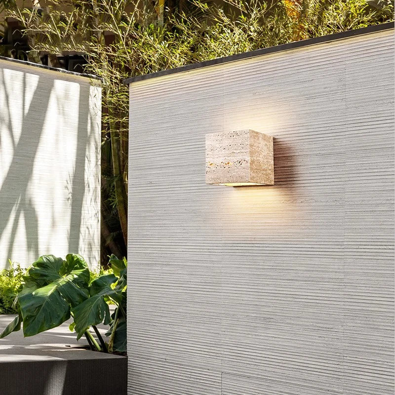Minimalistischer Travertin Stein quadratische Außenwandleuchte LED 1-Flammig