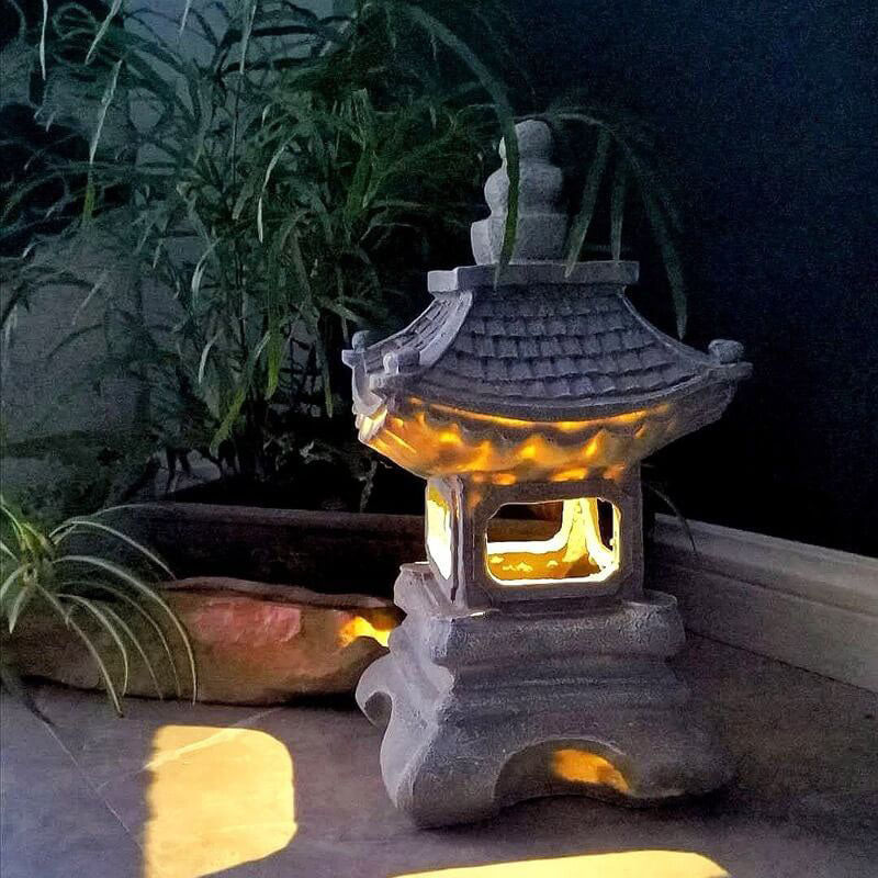 Jardín exterior LED japonés Zen con pagoda solar de piedra 1 luz