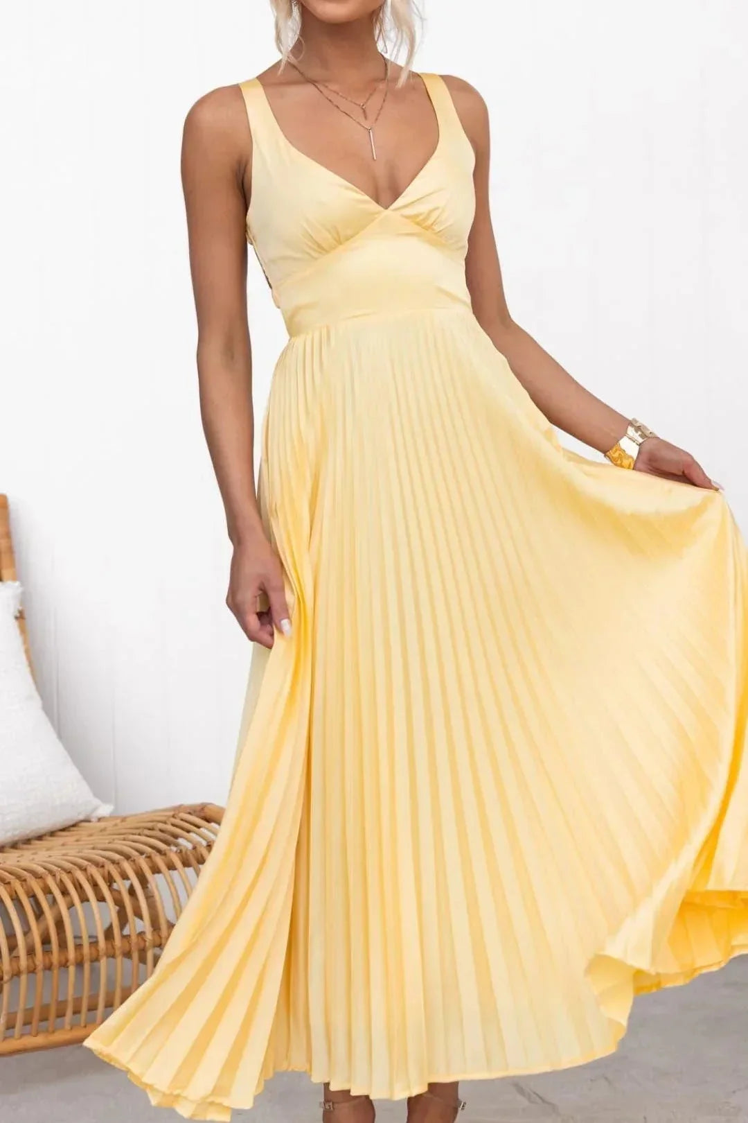 YELLOW DRESS | PLEATED WITH BACKLESS V-NECK