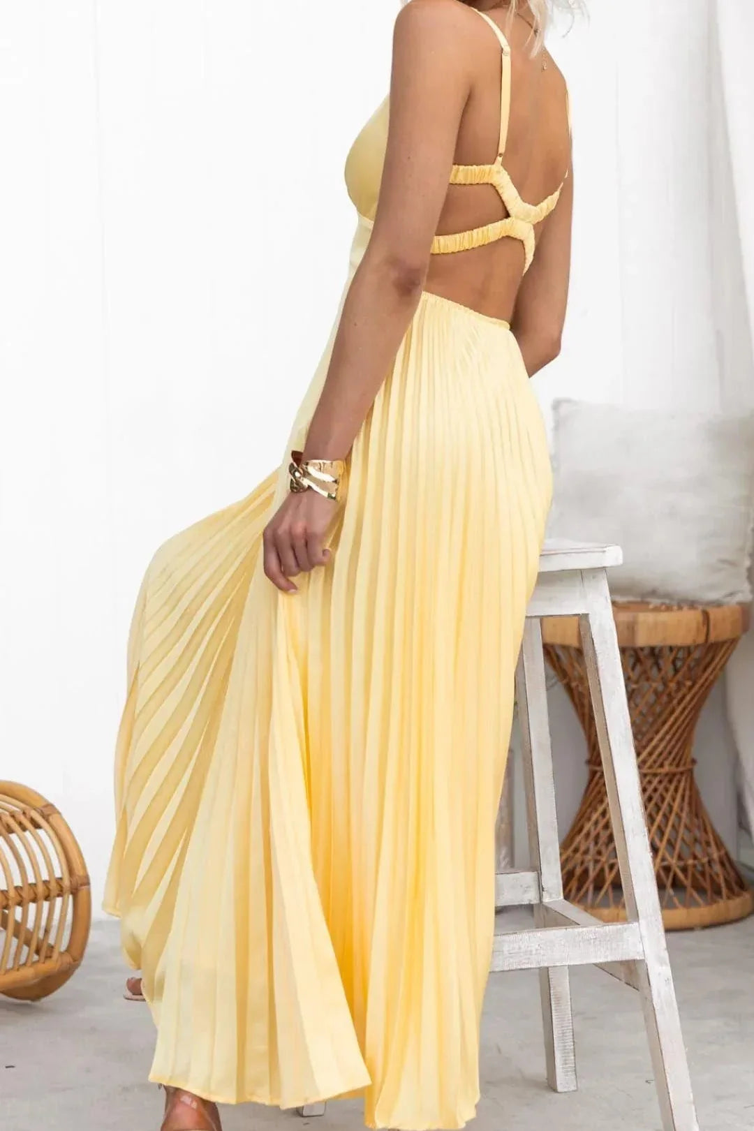 YELLOW DRESS | PLEATED WITH BACKLESS V-NECK
