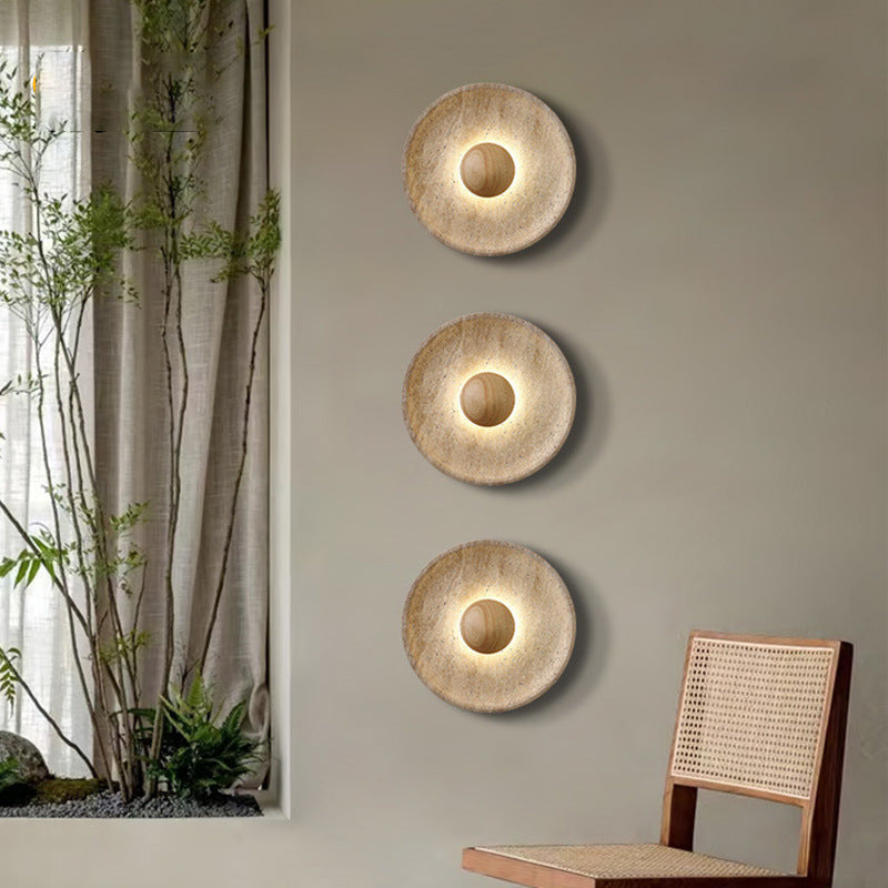 Modern Wabi Sabi Travertine Stone Round Wall Sconce LED 1-Light