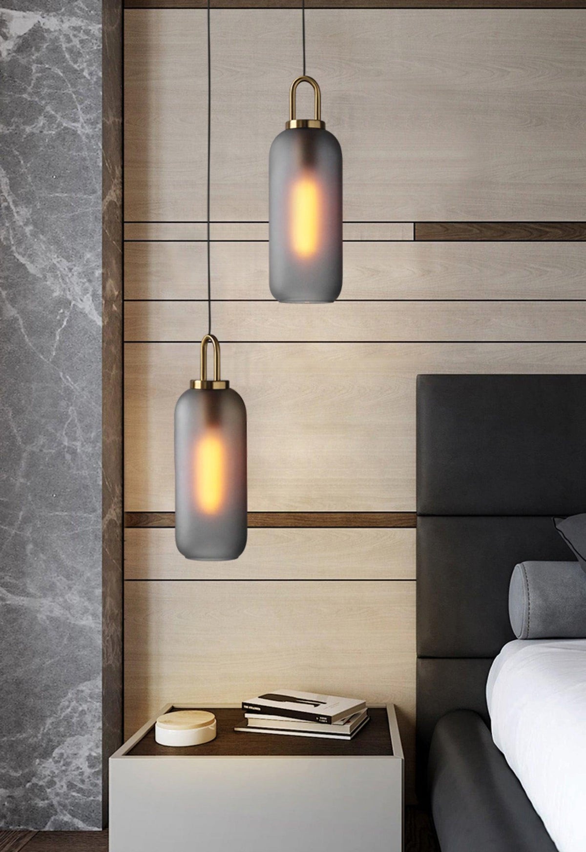 Lampadario moderno cilindrico in vetro e ottone a 1 luce