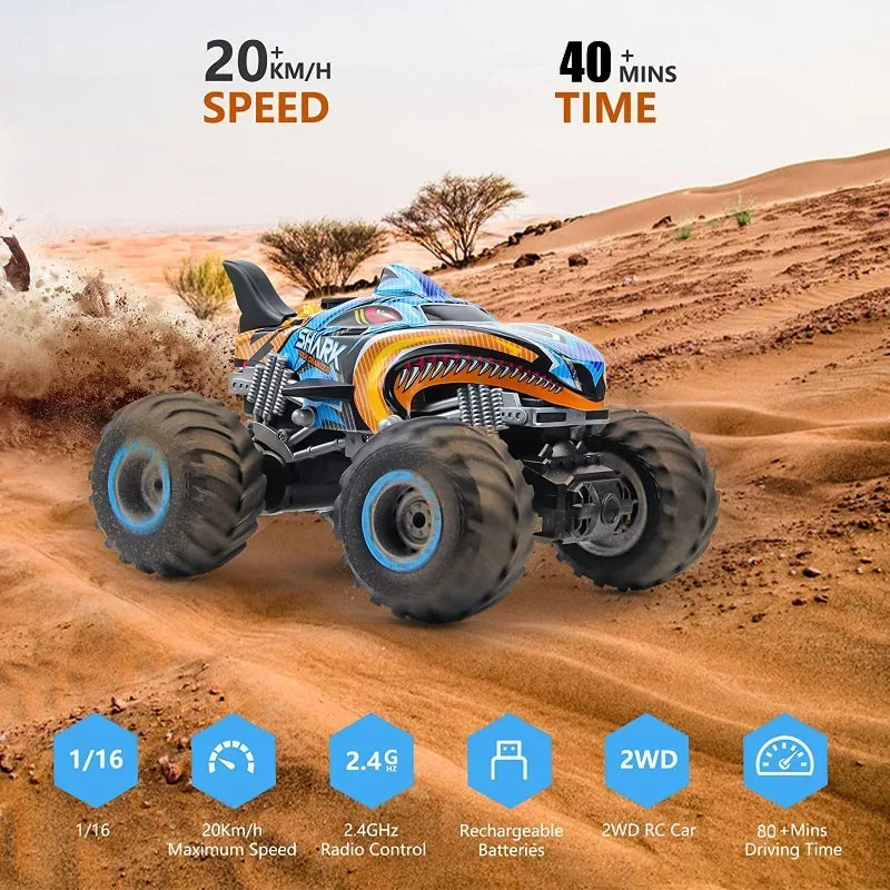 Camión monstruo todoterreno RC 4x4 – Coche de control remoto para escalar rocas y derrapar (diseño Shark Digger)