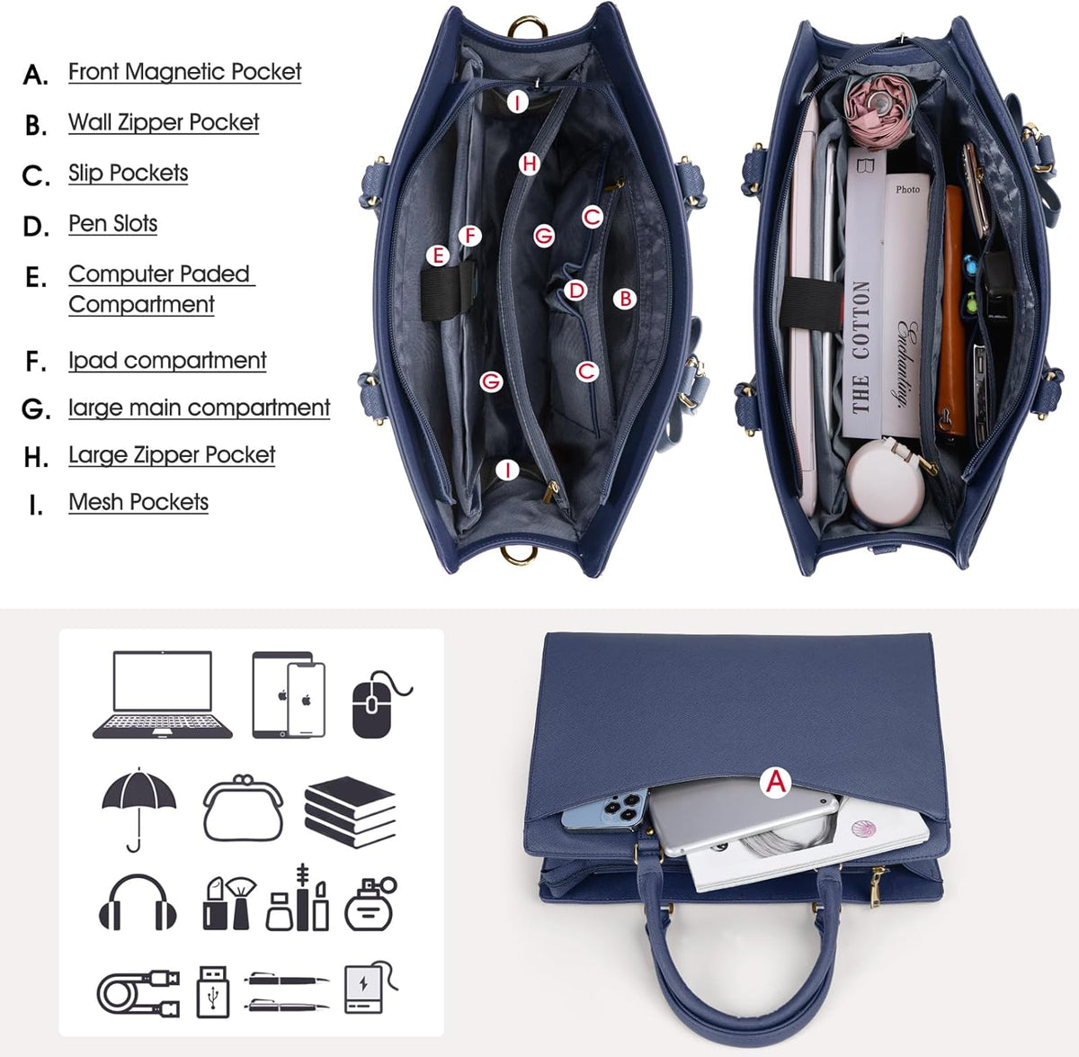 Damentasche für Arbeit und Laptop mit organisiertem Mehrfachfach-Layout