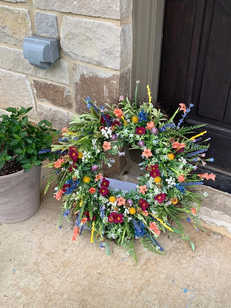 Spring Front Door Wreath with Flowers and Eucalyptus Decor 16in
