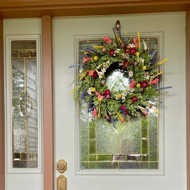 Spring Front Door Wreath with Flowers and Eucalyptus Decor 16in