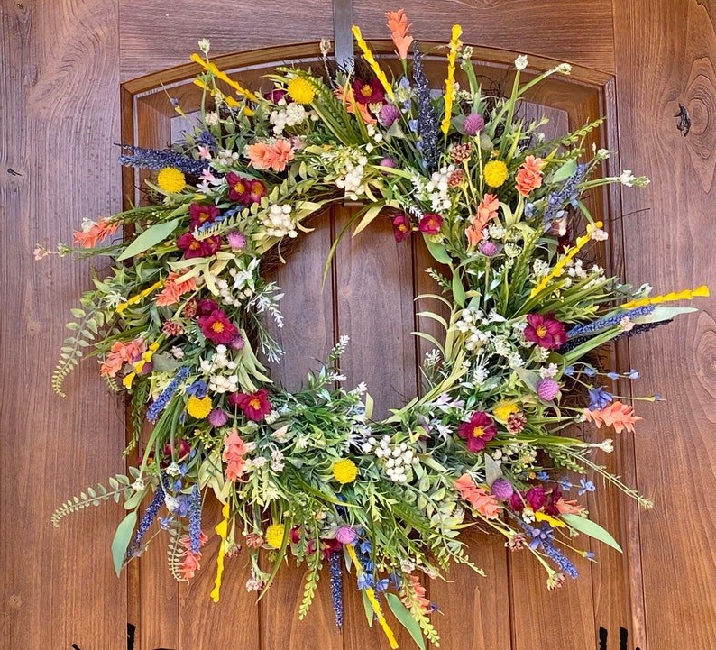 Spring Front Door Wreath with Flowers and Eucalyptus Decor 16in