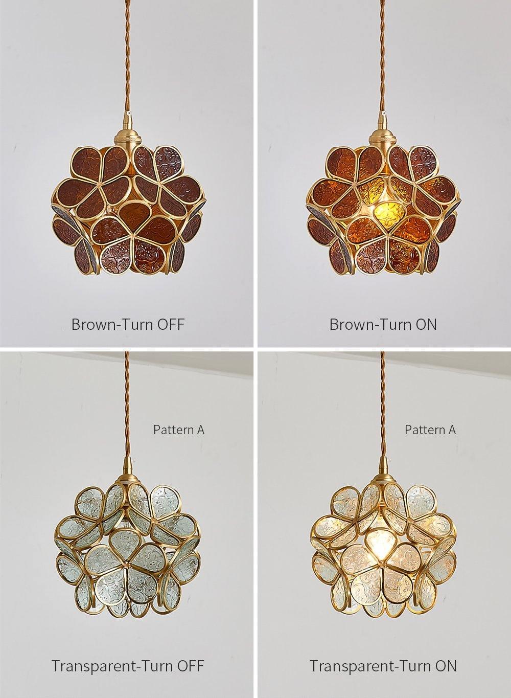 Lampadario vintage in ottone con globo in vetro floreale a 1 luce