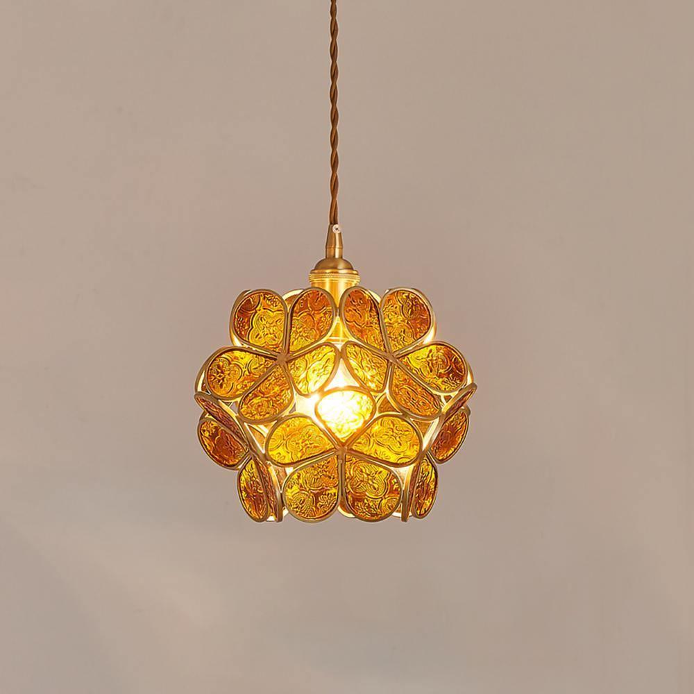 Lampadario vintage in ottone con globo in vetro floreale a 1 luce