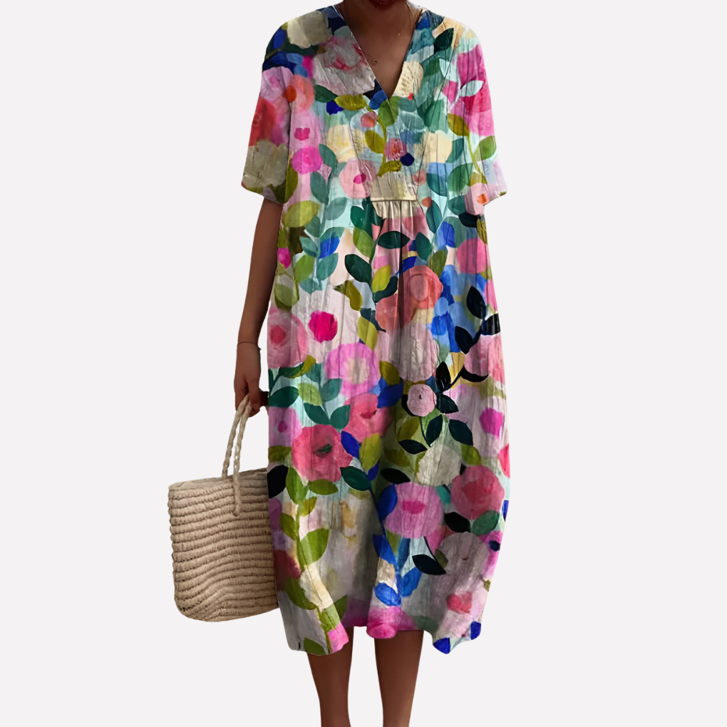 Women’s Floral Summer Dress – V‑Neck &amp; Short Sleeves
